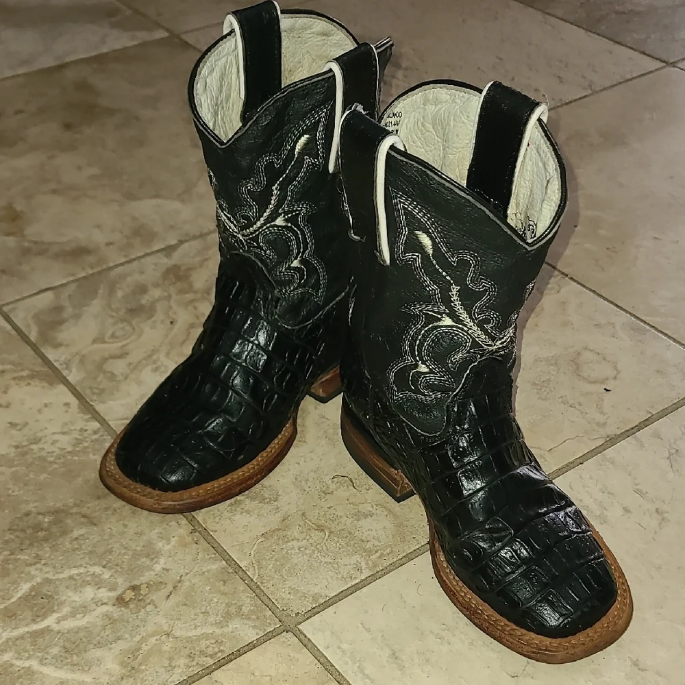 HERENCIA Kids Black Crocodile Boots with Brown Accents Very Soft Leather Inside
